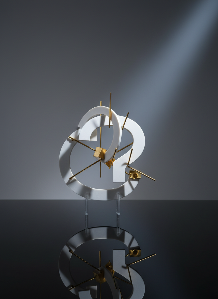 An intricate, minimalist sculpture composed of interlocking matte-white arcs and polished brass rods hovers just above a reflective black surface, supported by nearly invisible clear stands. The arcs form an abstract question mark when viewed from the right angle, while geometric brass elements cast elegant, overlapping shadows. The background is a seamless gradient from charcoal to soft dove gray, ensuring full focus on the object. A narrow beam of cool, directional studio lighting from the top right creates crisp highlights and dramatic contrast, emphasizing every texture and curve. Photographic realism with a gallery-like, high-end aesthetic, shot from a low-angle perspective to enhance presence and mystery. The mood is intellectual, refined, and quietly daring, reflecting a personal brand devoted to design, inquiry, and conceptual wonder.