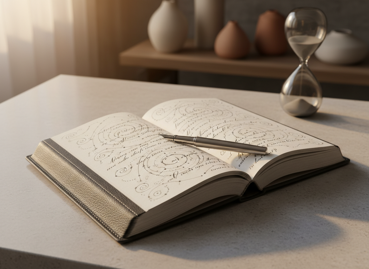 A single, elegant leather-bound journal in deep charcoal gray lies open on a minimalist stone desktop, its creamy pages filled with intricate, swirling constellations and handwritten questions in delicate ink. A slim, brushed-metal fountain pen rests diagonally across the spread, catching the light. Behind it, a blurred backdrop of sculptural ceramic objects and a smoky glass hourglass adds depth. Soft, diffused golden hour light filters in from the left, creating gentle highlights on the journal’s edges and subtle shadows across the surface. Photographic realism with a clean, sophisticated aesthetic, shot at a slightly elevated angle with shallow depth of field, evoking quiet curiosity and the refined allure of wondering what could be written next.