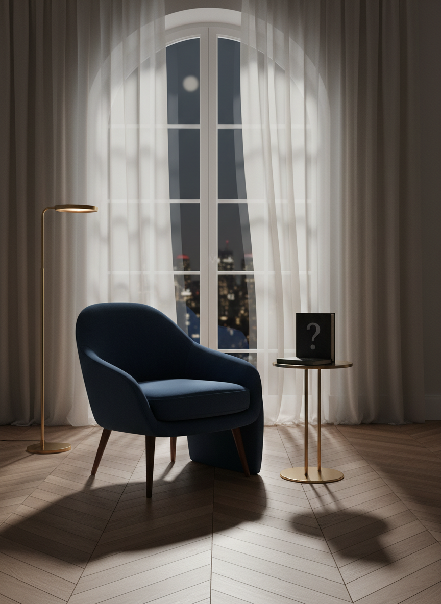 A midnight-blue velvet armchair with clean, sculptural lines sits alone near a towering arched window, framed by sheer, ivory curtains that billow slightly. On a slender brass side table rests a single matte-black hardcover book embossed with a subtle, silver question mark. Beyond the glass, a distant city skyline glows softly out of focus. Moonlight mingles with a warm floor lamp, creating layered pools of light and soft, elongated shadows on the herringbone wood floor. Photographic realism with a luxurious, sophisticated mood, captured from a three-quarter angle using the rule of thirds. The scene feels intimate yet expansive, inviting the viewer into a quiet space designed for deep thought and those who dare to sit, read, and wonder.